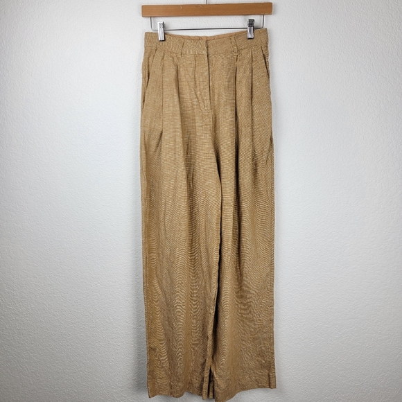 Posse Nancy Trouser in Walnut Linen Pleated Straight Wide Leg Tan Small - Picture 4 of 13